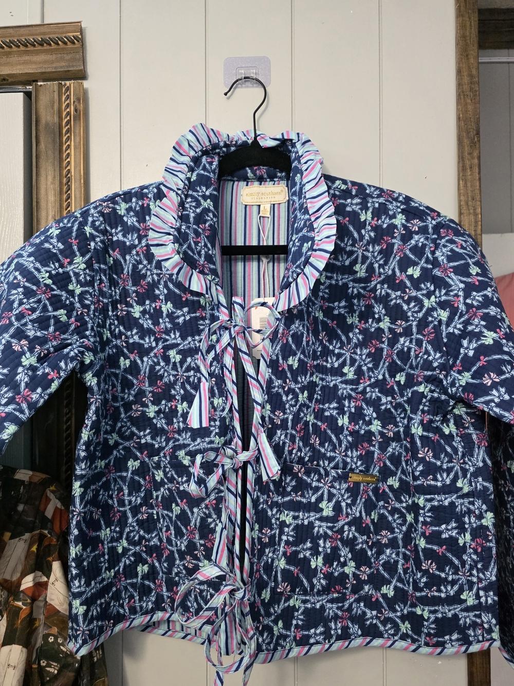 Simply Southern Navy Floral Quilted Button-Down with Striped Ruffle TIE FRONT - Picture 8 of 10